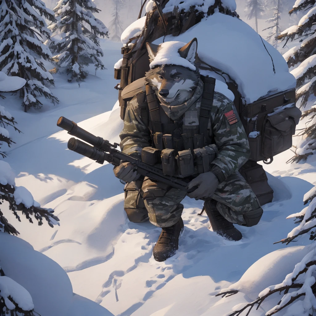 Male, male, Wolf, black fur, white fur, short hair, black hair, red heart stripes on his hair, 20 years old, snipers, sniper rifle, Snow camouflage, winter camouflage, dramatic effect, dramatic light, shadow, shade, higlight, high quality, high details, High detailed image, high quality image, Very detailed shadows, high detail shadows, Snowy forest, snowy, Winter