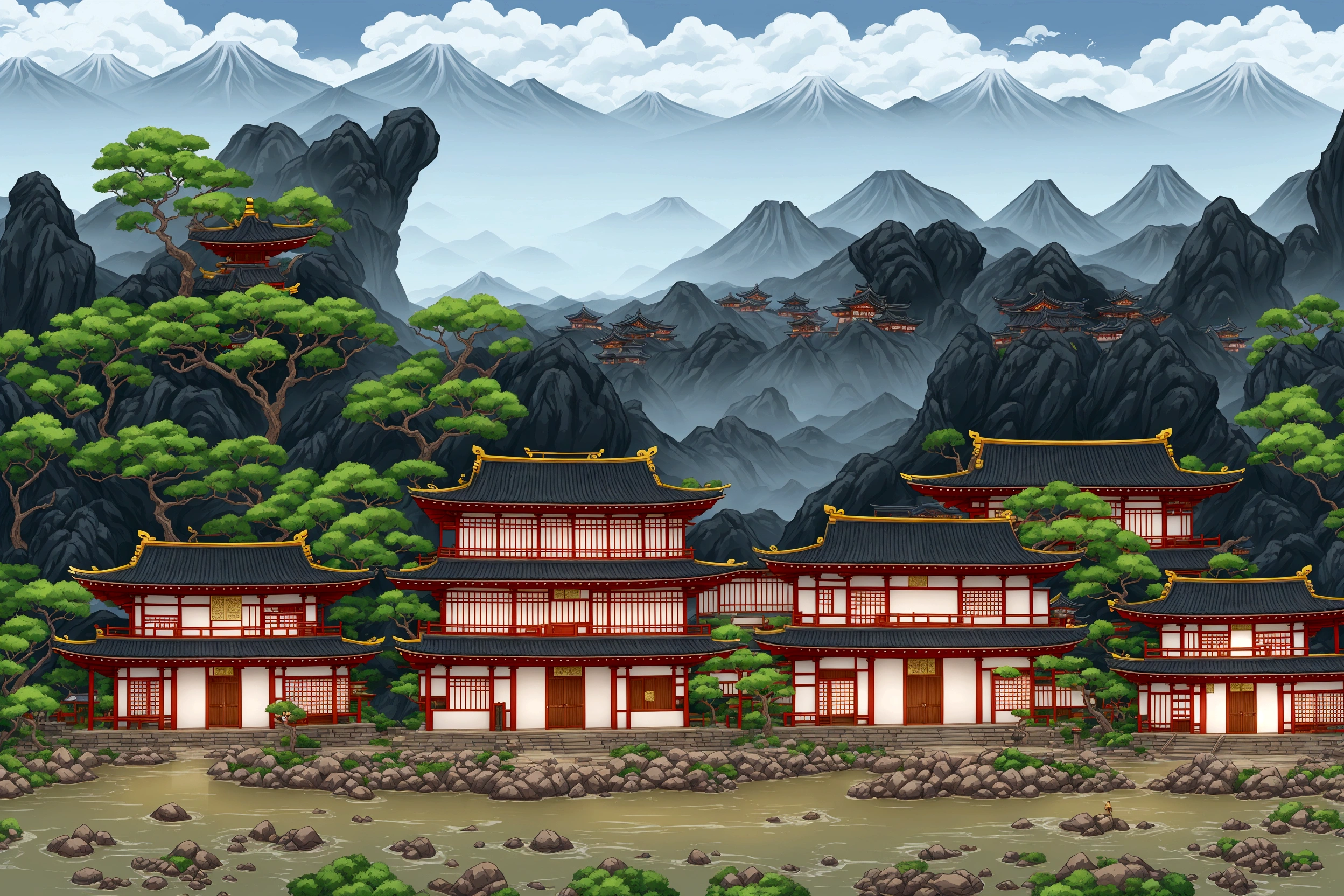 cartoon illustration of a japanese village with a bridge and a river, temple background, zen temple background, dojo on a mountain, town background, mobile game background, 2d game background, ancient city landscape, 2 d game art background, 2 d game environment design, town center background, chinese village, japanese town, distant village background, videogame background, japanese village