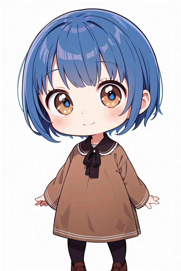 chibi, flat color, solo, full body, cute, (highest quality), blue hair, brown eye, Beautiful Eyes, smile, yellowish brown clothes, white background, (masterpiece)