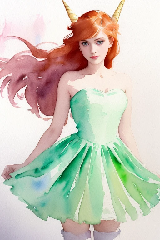 (best quality), ((masterpiece)), 8k 25 year old, redhead girl, alluring, armpit lenght hair (((upturned eyes))) cute ((strapless white dress)) slender build, ((corkscrew hairstyle)) ((( John Singer Sargent watercolor sketch ))) The painting is expected to capture Star Butterfly in an iconic moment that represents her adventurous spirit, your magical strength and your vibrant personality. The setting should be an environment that reflects the mix of magical realms and interdimensional adventures, characteristic of the series. Star Butterfly: Star must be in the center of the composition, in a dynamic and confident pose. She is dressed in her classic costume: a mint green dress, leggings coloridas, and her iconic unicorn boots. His devil horns on his head and his magic wand in one hand are essential to identify the character.. Expression and posture: Star's expression must be cheerful and determined, with a big smile on your face and eyes shining with enthusiasm. Your stance can be one of action, as if preparing to cast a spell or leading an adventure. Magic wand: Star's magic wand must be represented in detail, with its iconic butterfly wings and star design. She must emit a glowing aura of magic, with sparks and waves of energy all around, suggesting it is ready to use. scenario: The setting should be a fusion between the magical kingdom of Mewni and the earthly environment of Echo Creek. This can include elements like floating castles, dimensional portals, and fantastic landscapes combined with everyday elements, such as lampposts and school buildings. magic elements: Include magical creatures, like flying ponies, friendly monsters and exotic plants that bloom in bright colors, to bring Star's magical world to life. frame Diaz: Star's best friend, frame, can be included in the scene, maybe in the background or next to it, wearing his traditional red coat. Your presence should suggest support and camaraderie.