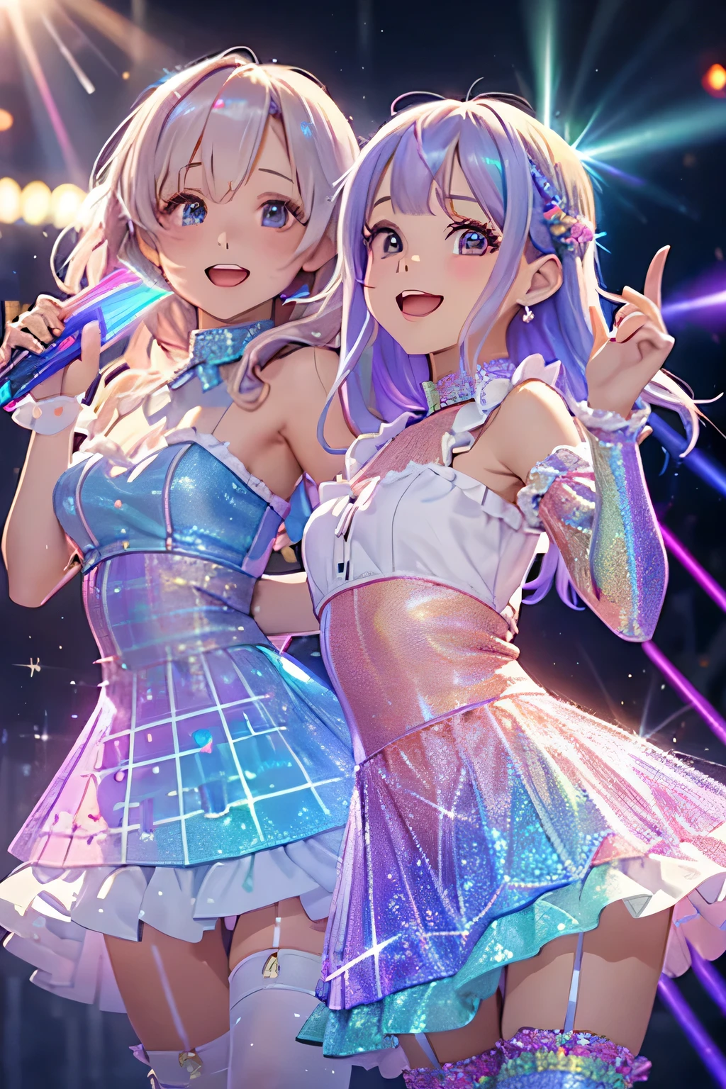 Highest quality、High resolution、Detailed Background、(Beautiful face in every detail:1.4)、Anatomically correct、(Detailed facial expressions)、 beauty、(Highly detailed face:1.4)、Brightly colored hair、well-groomed eyebrows、colorful stockings、A big smile、Idol Style、stage、(Two idol girls wearing holographic laser dresses singing:1.5)、A big smile、smile、A fun atmosphere、
Bright colors and pop colors、Ruffles and laces、Sleeves and hems of clothing、Ruffles and laces are applied to the collar etc.、Motifs such as hearts、Dresses and skirts、Femininity and cuteness、Hair accessories and ribbons、cute