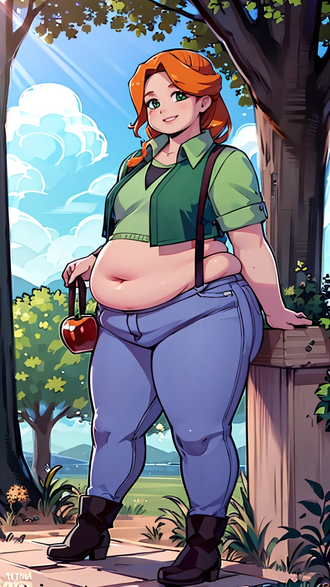 Green simple tunic, suspenders, jeans, brown boots, happy face, smiling, day, long hair, outside, daylight, sunny day, near an apple tree, holding an Apple, chubby, chubby belly