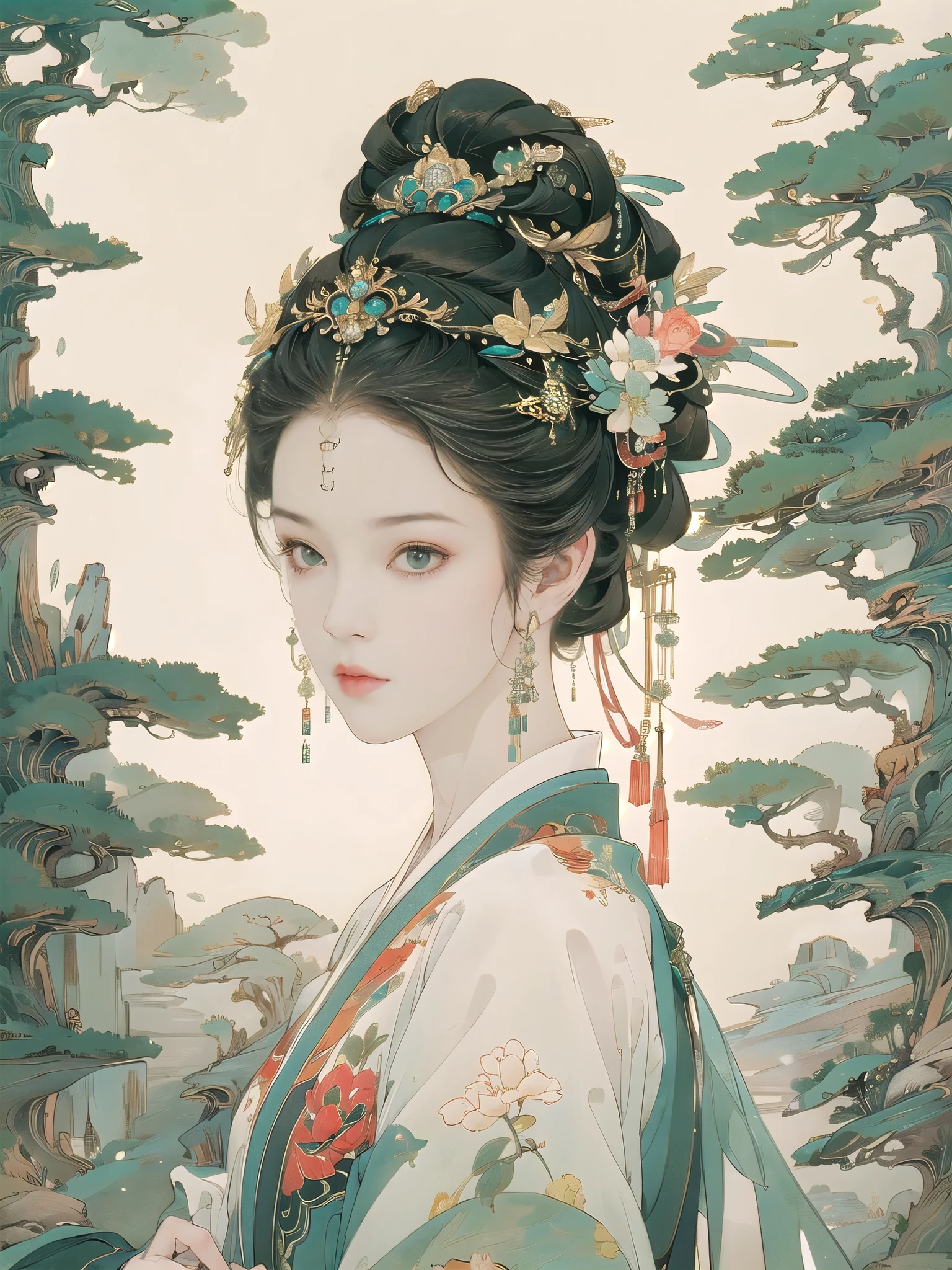 (8K, best quality, masterpiece),{Practical, original photo, Ultra-fine transparent, image, (Influenced by Yoshitaka Amano's style:1.6)}, Practical Light, Delicate skin, (Beautiful slim woman, 25 years old, Court Knight:1.5), Thin legs, Fine particles, Long white hair, Detailed fingers, Thin, Ecstasy expression, Dynamic and sexy pose, (Huge breasts:1.4), (Long skirt, Long red cape, boots:1.2),(Arcadia, Flower Storm, Many flowers:1.8), Unobscured,Beautiful scenery, (Flowers, Wind and Moon:1.5), huaniao