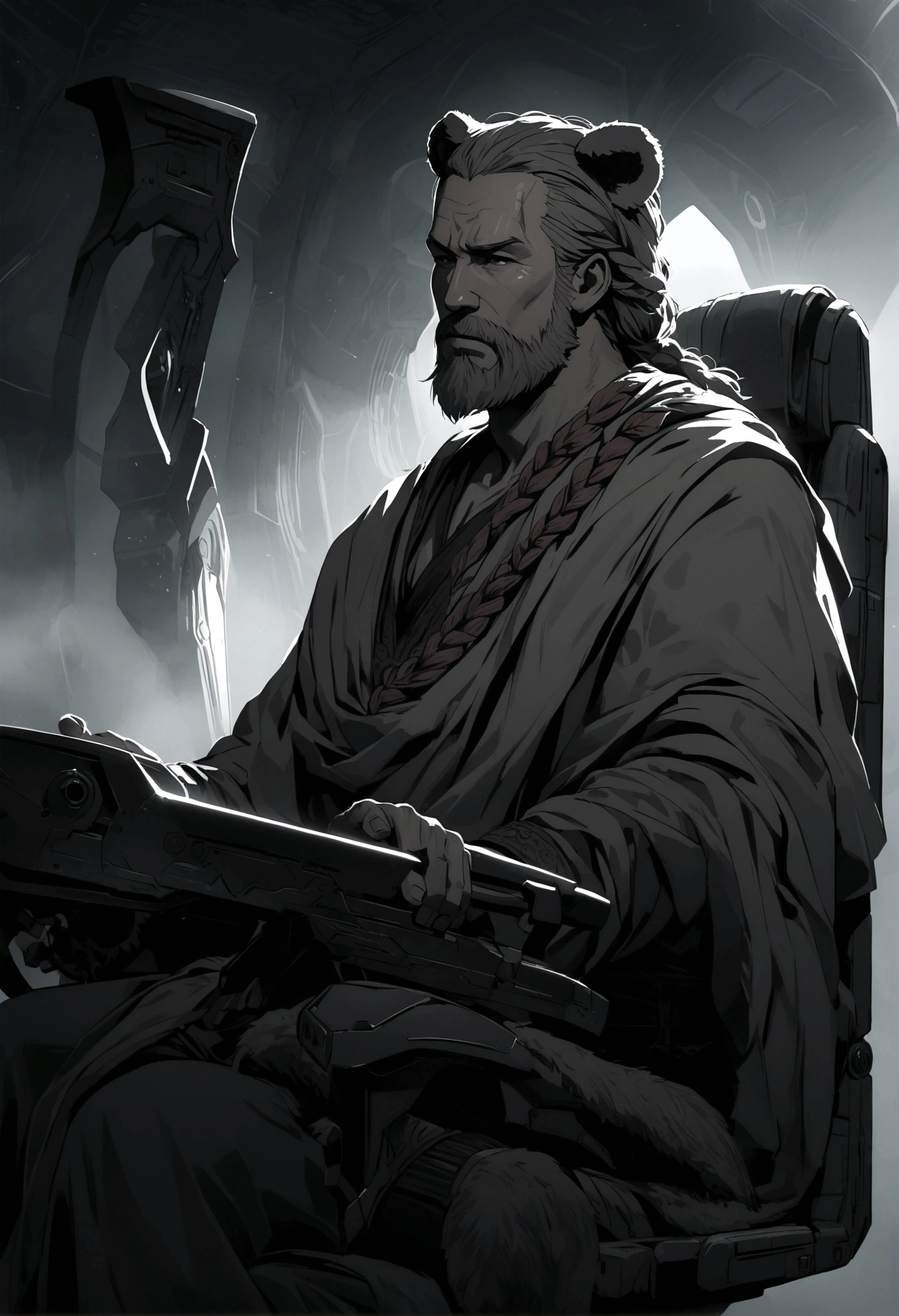 a mature viking man with red braided hair and beard,sitting in a futuristic spaceship, his chair draped in a bear's pelt, sharpening a high-tech axe,detailed face and expression,intricate details,cinematic lighting,dramatic atmosphere,epic scale,muted color palette,moody and atmospheric