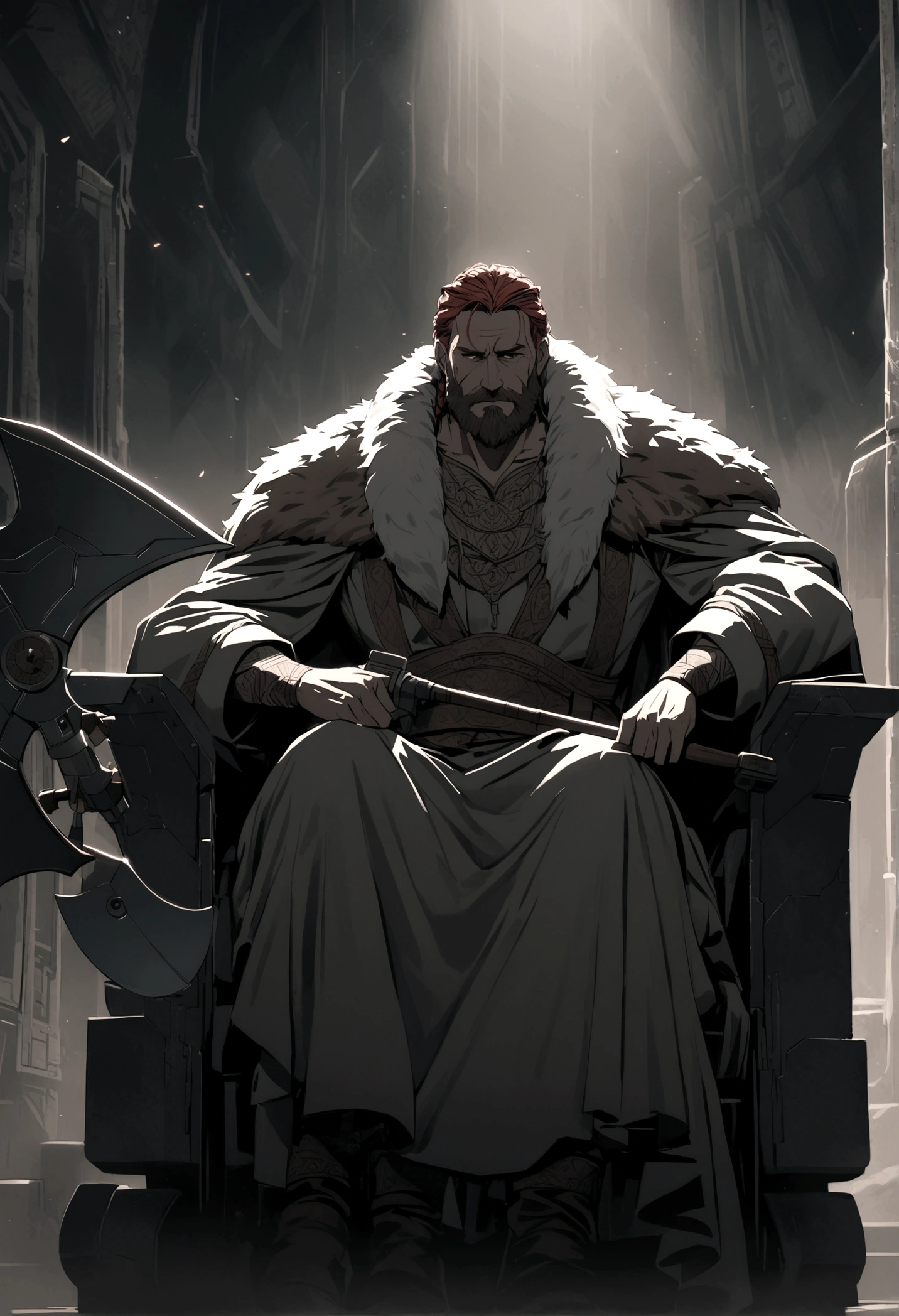 a mature viking man with red braided hair and beard,sitting in a futuristic spaceship, his chair draped in a bear's pelt, sharpening a high-tech axe,detailed face and expression,intricate details,cinematic lighting,dramatic atmosphere,epic scale,muted color palette,moody and atmospheric