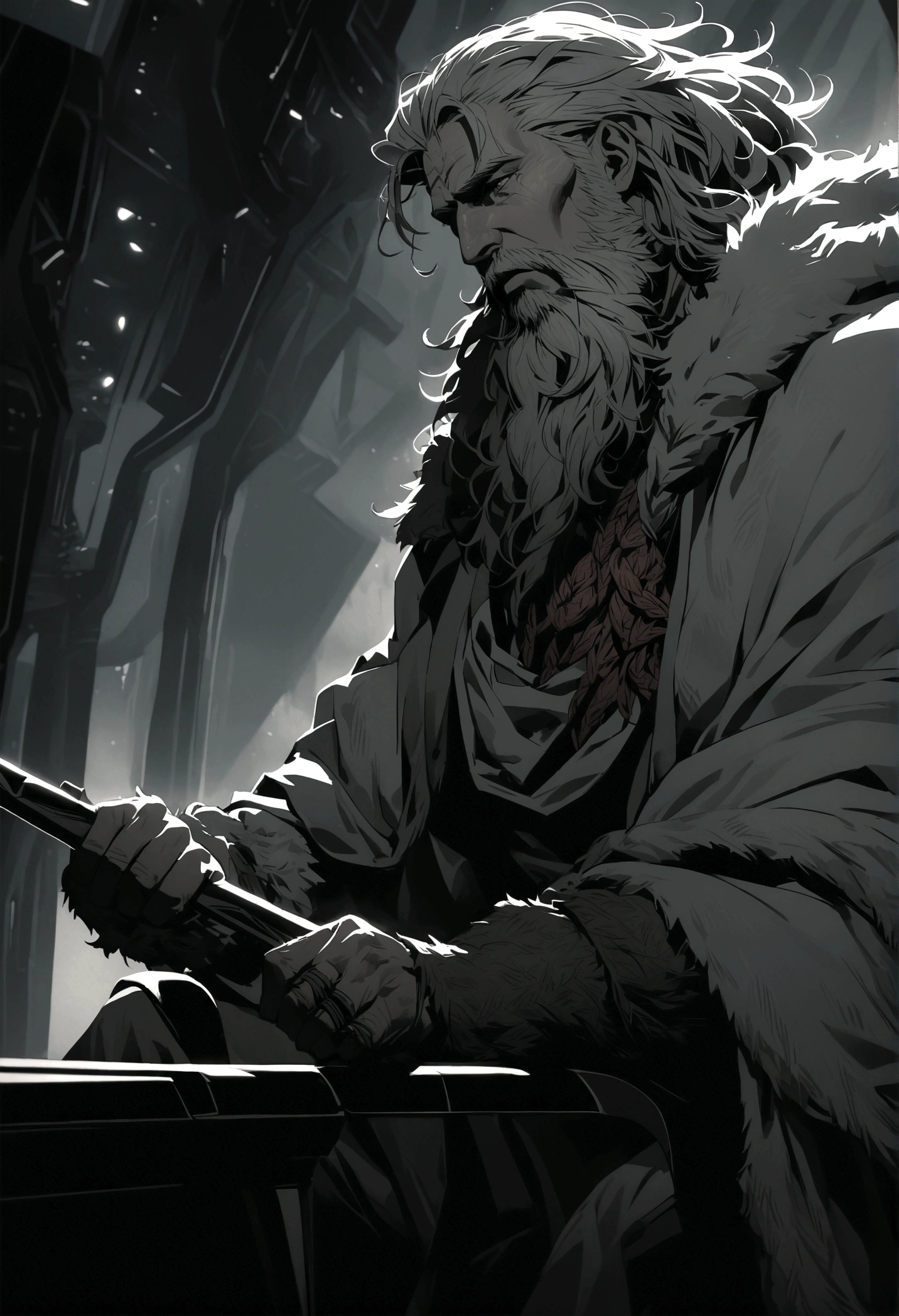 a mature viking man with red braided hair and beard,sitting in a futuristic spaceship, his chair draped in a bear's pelt, sharpening a high-tech axe,detailed face and expression,intricate details,cinematic lighting,dramatic atmosphere,epic scale,muted color palette,moody and atmospheric