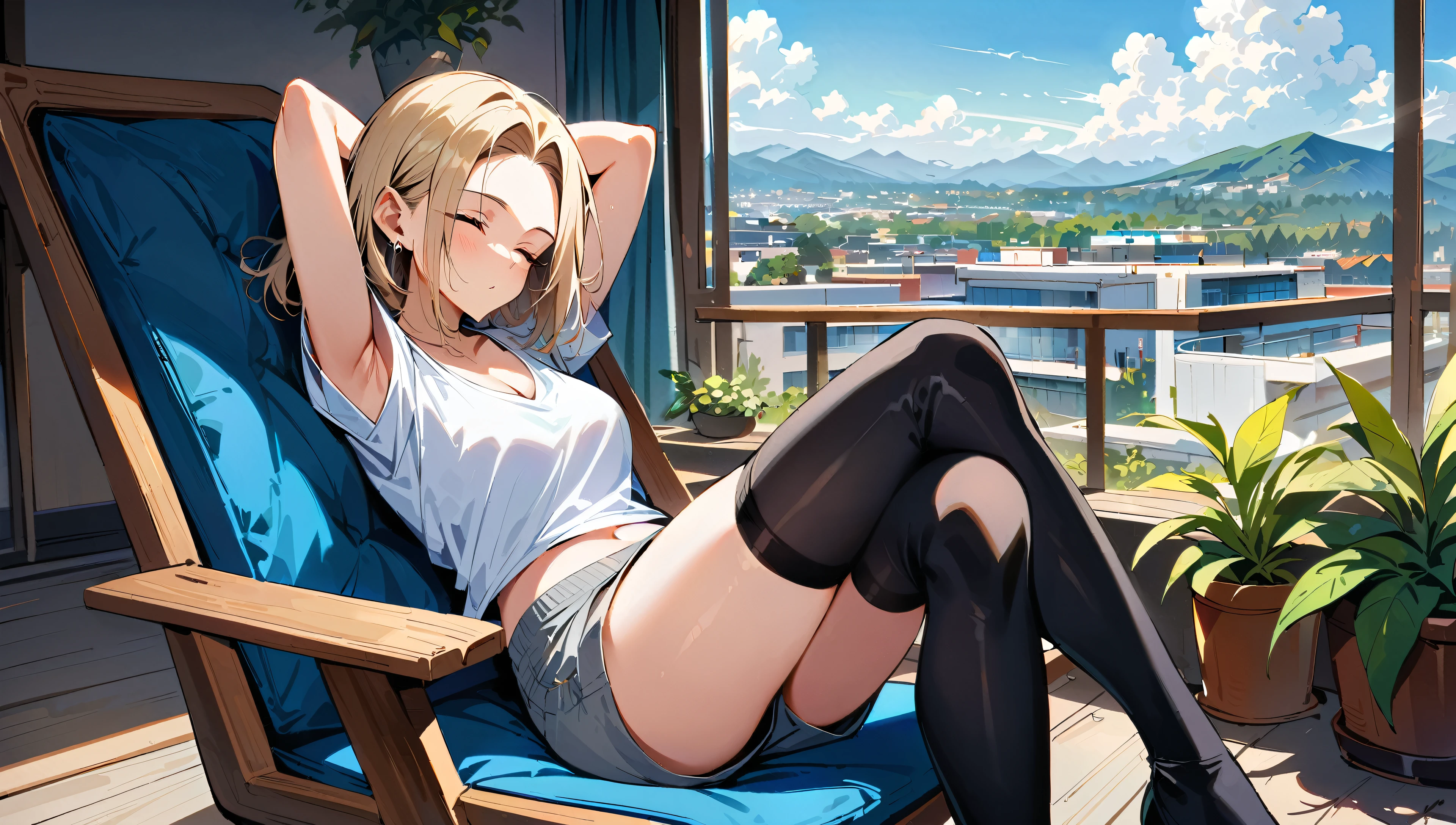 (masterpiece, best quality:1.2), solo, Android 18 from Dragon Ball, ((light gray baggy crop T-shirt, short sleeve, black thin thigh highs, crossed legs, beautiful butt, gray dolphin pants)), small breasts, short blonde hair loose, ((close eyes)), (wearing glasses), earrings on earlobes, slender feminine figure, skinny body, cleavage, light blush, chill, organized, simple, white-based interior, a few plants, cloudy sky, terrace, magnificent view, blur background, 4K, on the cute chair, (pale blue chair), midriff-baring, beautiful armpits, pantyshot, arms up behind,
