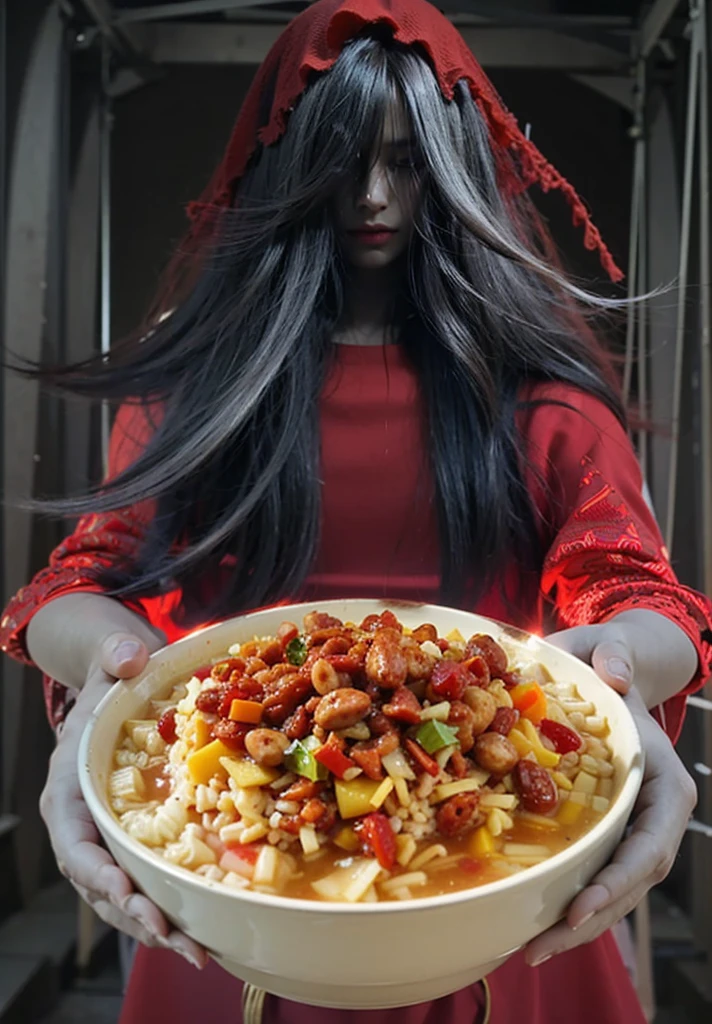 photorealistic, real girl , ((1 girl)), ((ultra-realistic)), gloss, 8k, detailed face, woman wear, red Satan with red wedding dress transparent, showing soup food bowl, standing in a dark room night