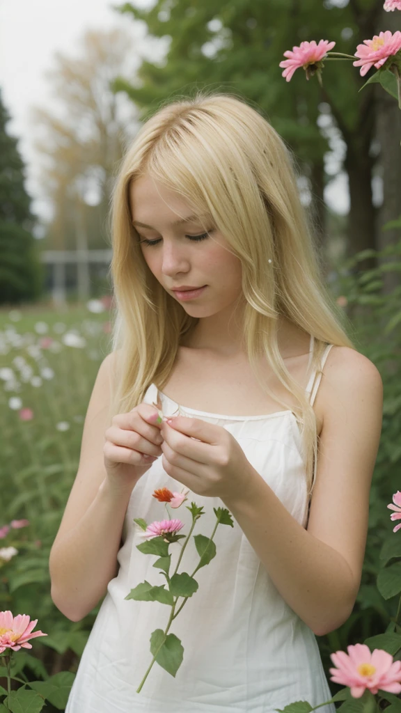 Blonde girl picking flowers