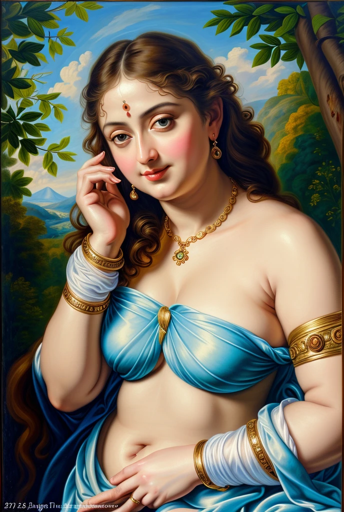 Looks like Anushka Shetty, (solo), middle aged woman, Masterpiece, Best quality, high clarity eyes, beautifully styled hair, curvy, sexy navel folds, feminine curve, motherly figure, critically flawless,sharp picture, Full portrait, High pixels, perfect face, perfect eyes, beautiful face, perfect hands,perfect fingers, in Peter Paul Rubens style, by Peter Paul Rubens, baroque style, acrylic on canvas, highly detailed, description: "Create a nymph inspired by the tales of Greek or Roman mythology, embodying the essence of a natural element or location, and possessing a unique ability or trait that sets her apart.", beautiful nature in the background, Brilliant colors, 