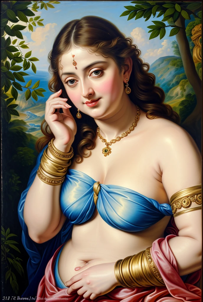 Looks like Anushka Shetty, (solo), middle aged woman, Masterpiece, Best quality, high clarity eyes, beautifully styled hair, curvy, sexy navel folds, feminine curve, motherly figure, critically flawless,sharp picture, Full portrait, High pixels, perfect face, perfect eyes, beautiful face, perfect hands,perfect fingers, in Peter Paul Rubens style, by Peter Paul Rubens, baroque style, acrylic on canvas, highly detailed, description: "Create a nymph inspired by the tales of Greek or Roman mythology, embodying the essence of a natural element or location, and possessing a unique ability or trait that sets her apart.", beautiful nature in the background, Brilliant colors,
