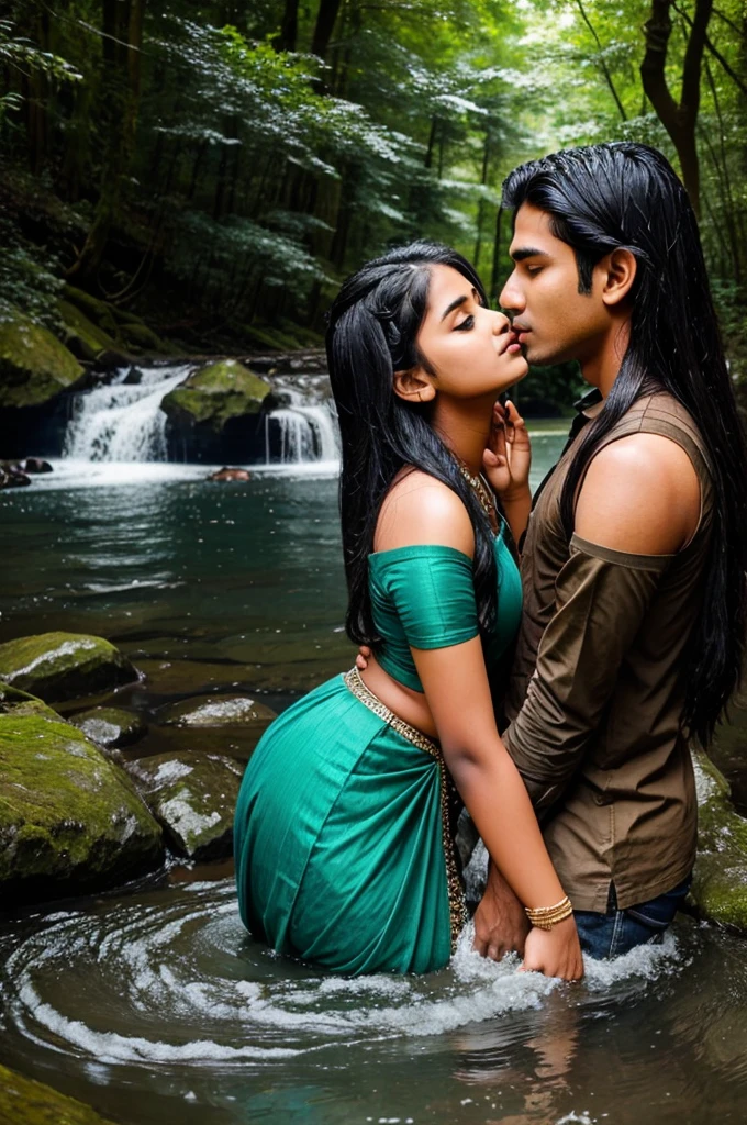 Beautiful forest with flowing water in which Indian age couple making out