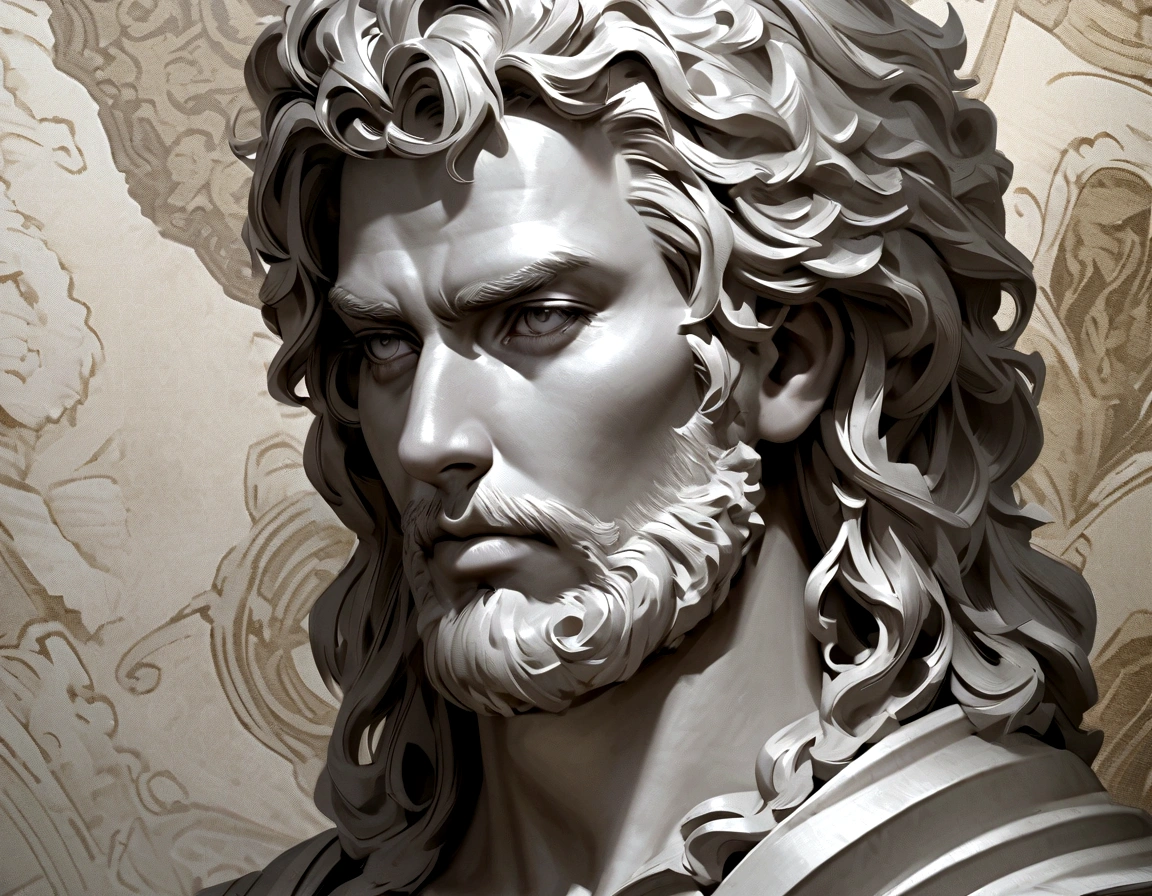 A Portrait Statue of the Stoic Marcus Aurelius in Black and White 4K,Face lateral, super realistic wallpaper,man strong,brawny