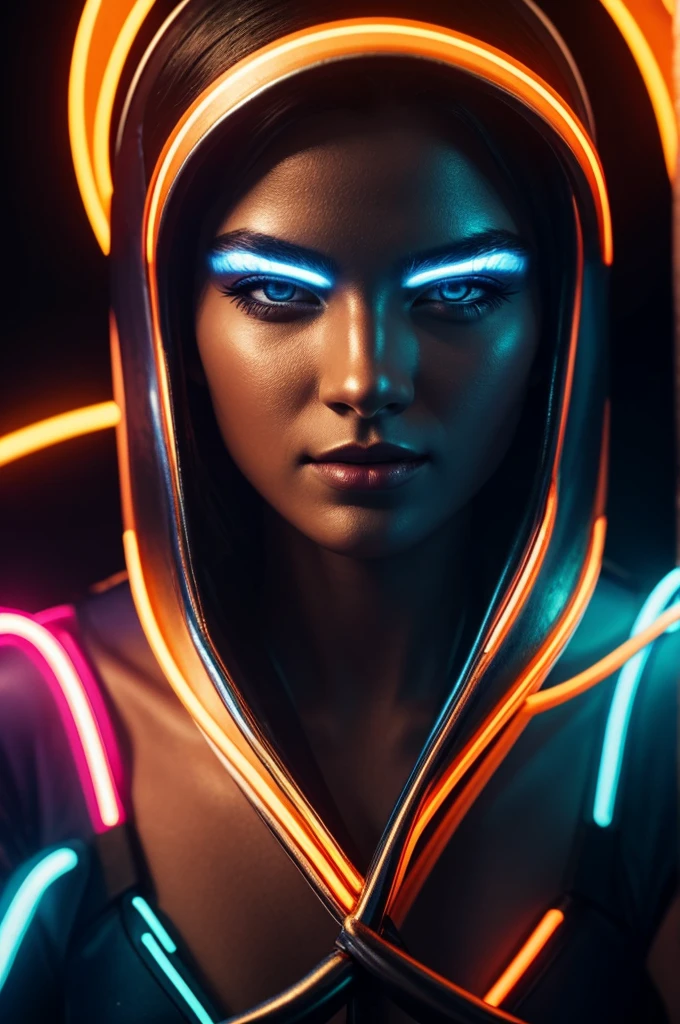 Two metallic rings, one with a blue neon "A" and the other with an orange neon "K",  are intertwined, casting a soft glow on the dark surface. They are positioned in a way that suggests a close connection, almost like a promise.  [Digital art,  futuristic, cyberpunk, inspired by the work of Beeple and Refik Anadol], [Close-up shot, shallow depth of field, soft lighting, vibrant neon colors, smooth metallic texture, dark background, realistic rendering]