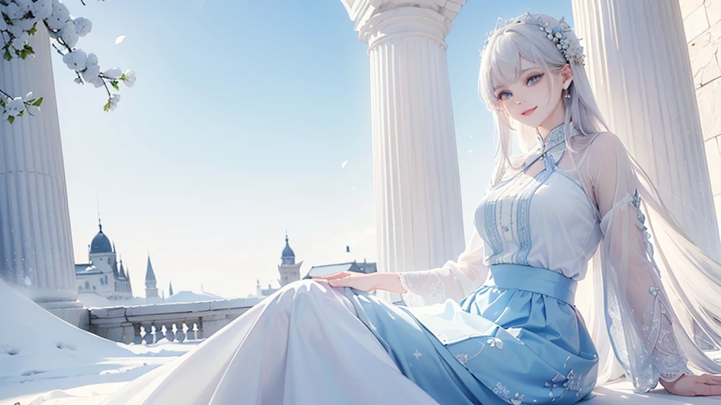 ((best quality,masterpiece,Extremely complex and exquisite details,There is only one beautiful woman with long white straight hair and blue eyes,Smile,long skirt)),(Exquisite light blue and white clothing,Beautiful bright and exquisite ancient style white castle architectural background),(correct anatomy,exquisite face),(Exquisite fantasy dream style,Snow,Falling Flowers,The great outdoors),Sitting