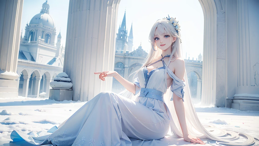 ((best quality,masterpiece,Extremely complex and exquisite details,There is only one beautiful woman with long white straight hair and blue eyes,Smile,long skirt)),(Exquisite light blue and white clothing,Beautiful bright and exquisite ancient style white castle architectural background),(correct anatomy,exquisite face),(Exquisite fantasy dream style,Snow,Falling Flowers,The great outdoors),Sitting