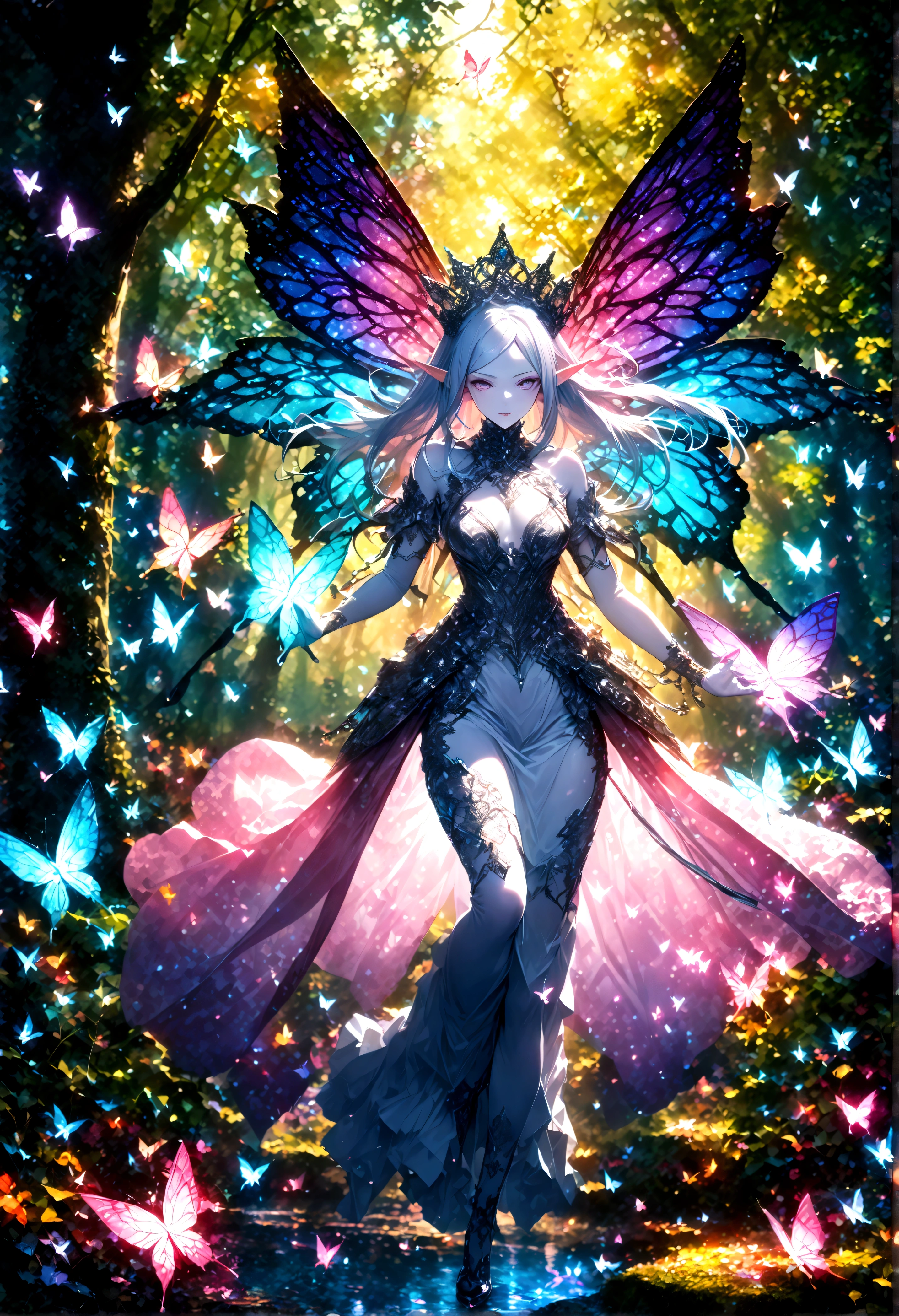 draw the queen of spirits,white skin type,perfect face,pointed ears,elf elements,Queen's tiara made of silver,noble and beautiful,confident look,long silk dress,fairy wings,perfect proportions,(Perfect Anatomy: 1.3),zoom out,show the whole body,use magic,elegant,artwork,rendering,dynamic pose,(highest quality:1.4),(Super detailed:1.5),High resolution,Very detailed,unity 8k wallpaper,Wind,fairy forest,shining butterfly,anatomically correct