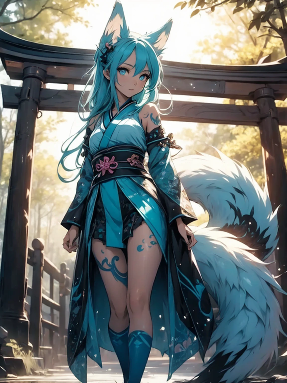 Miku Hatsune x vixen high definition add_detail:1, blue fur,kitsune ears, tribal tattoo add_detail:1, pretty girl add_detail:1, feudal priestess clothing add_detail:1, japanese shrine landscape add_detail:1, japanese shrine costume add_detail:1, add_detail:1, full body add_detail, highly detailed face, deep aqua iris add_detail:1