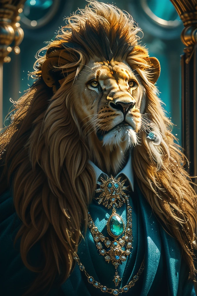 masterpiece, high quality, Gangster character lion, long hair, in style of moonstones and aquamarines, j_gemstone