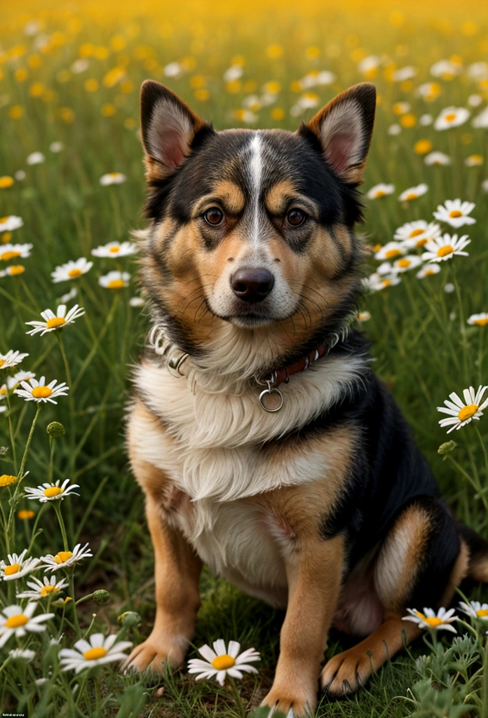 realistic photo of a dog against the background of a chamomile field