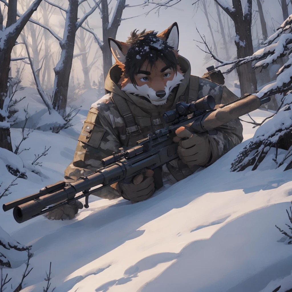 Male, male, fox, white fur, short hair, black hair, red heart stripes on his hair, 20 years old, sniper, sniper rifle, Snow camouflage, winter camouflage, dramatic effect, dramatic light, shadow, shade, higlight, high quality, high details, High detailed image, high quality image, Very detailed shadows, high detail shadows, Snowy forest, snowy, Winter