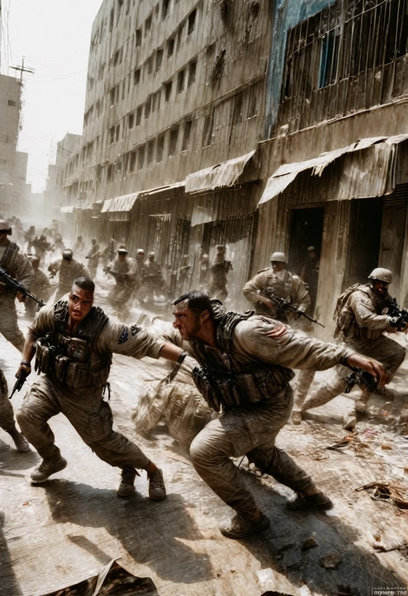 A highly detailed photo of a group of US Marines engaged in intense street fighting in the city of Fallujah, Iraq in 2004, meticulously capturing the chaos and intensity of a house-to-house battle, (best quality, 8k, hyperrealistic, masterpiece:1.2), ultra-detailed, (realistic, photorealistic, photo-realistic:1.37), cinematic lighting, gritty urban environment, dynamic poses, smoke and debris, tactical gear, intense expressions, advanced weapon systems, abandoned buildings, rubble-strewn streets, high contrast, dramatic shadows, muzzle flashes, war-torn landscape