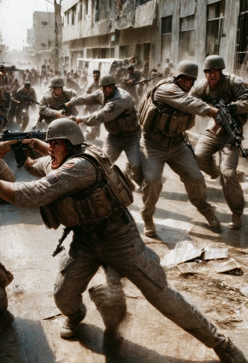 A highly detailed photo of a group of US Marines engaged in intense street fighting in the city of Fallujah, Iraq in 2004, meticulously capturing the chaos and intensity of a house-to-house battle, (best quality, 8k, hyperrealistic, masterpiece:1.2), ultra-detailed, (realistic, photorealistic, photo-realistic:1.37), cinematic lighting, gritty urban environment, dynamic poses, smoke and debris, tactical gear, intense expressions, advanced weapon systems, abandoned buildings, rubble-strewn streets, high contrast, dramatic shadows, muzzle flashes, war-torn landscape
