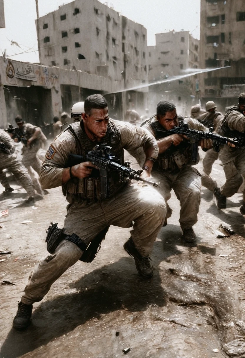 A highly detailed photo of a group of US Marines engaged in intense street fighting in the city of Fallujah, Iraq in 2004, meticulously capturing the chaos and intensity of a house-to-house battle, (best quality, 8k, hyperrealistic, masterpiece:1.2), ultra-detailed, (realistic, photorealistic, photo-realistic:1.37), cinematic lighting, gritty urban environment, dynamic poses, smoke and debris, tactical gear, intense expressions, advanced weapon systems, abandoned buildings, rubble-strewn streets, high contrast, dramatic shadows, muzzle flashes, war-torn landscape