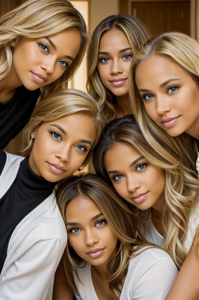 3 Light skin biracial women with golden blond hair and light brown eyes