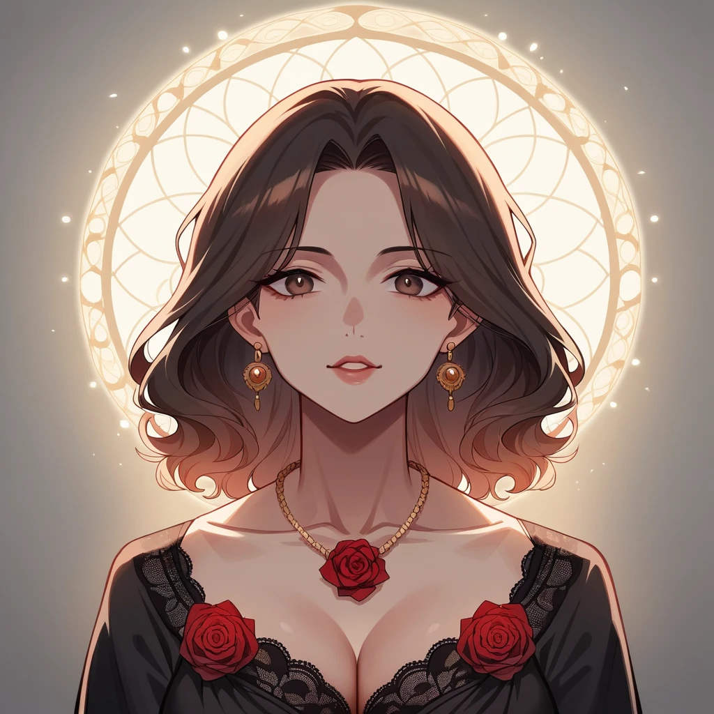 (extremely detailed CG unit 8k wallpaper, masterpiece, best quality, ultra-detailed), (best lighting, best shadow), 35 year old Spanish woman, mature, square face, wearing 1 red rose on necklace neck, wearing black lace dress with red, golden earrings, features like a maria padilla, (highly detailed skin: 1.2), medium brown loose hair with lights