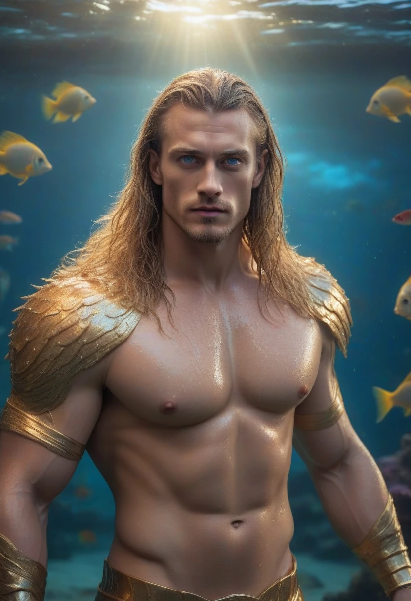 A handsome muscular man with piercing blue eyes, shiny wet skin, long flowing hair, rugged facial features, wearing a detailed golden Atlantean-style armor, standing heroically in an underwater ocean environment with schools of colorful tropical fish swimming around, dramatic lighting, cinematic composition, photorealistic, (best quality, 8k, highres, masterpiece:1.2), hyper detailed, dynamic pose, powerful, epic, cinematic, dramatic