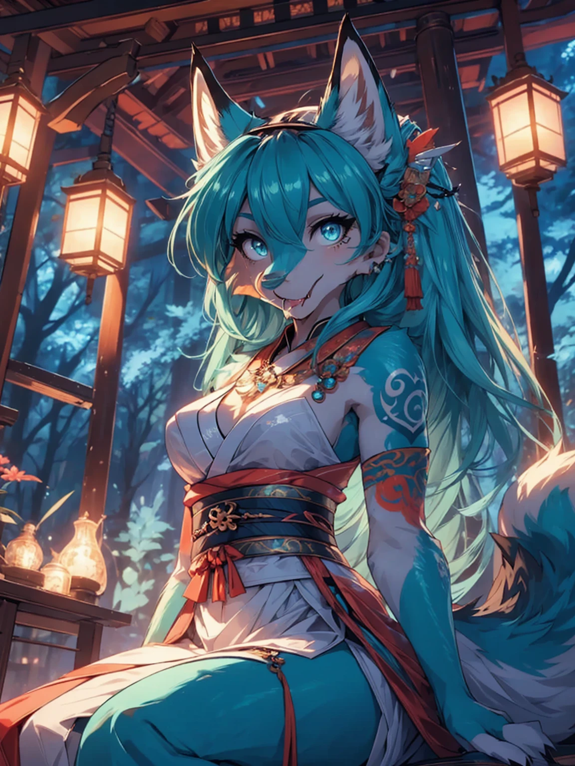 Miku Hatsune x vixen high definition good anatomy add_detail:1, blue fur,kitsune ears, tribal tattoo add_detail:1, cute girl add_detail:1, feudal priestess clothing add_detail:1, japanese shrine landscape add_detail:1, japanese shrine costume add_detail:1, add_detail:1, full body add_detail, highly detailed face, deep aqua iris add_detail:1 lighting eyes add_detail:3, wolf claws, sharp fangs add_detail:1, wild slut add_detail:1