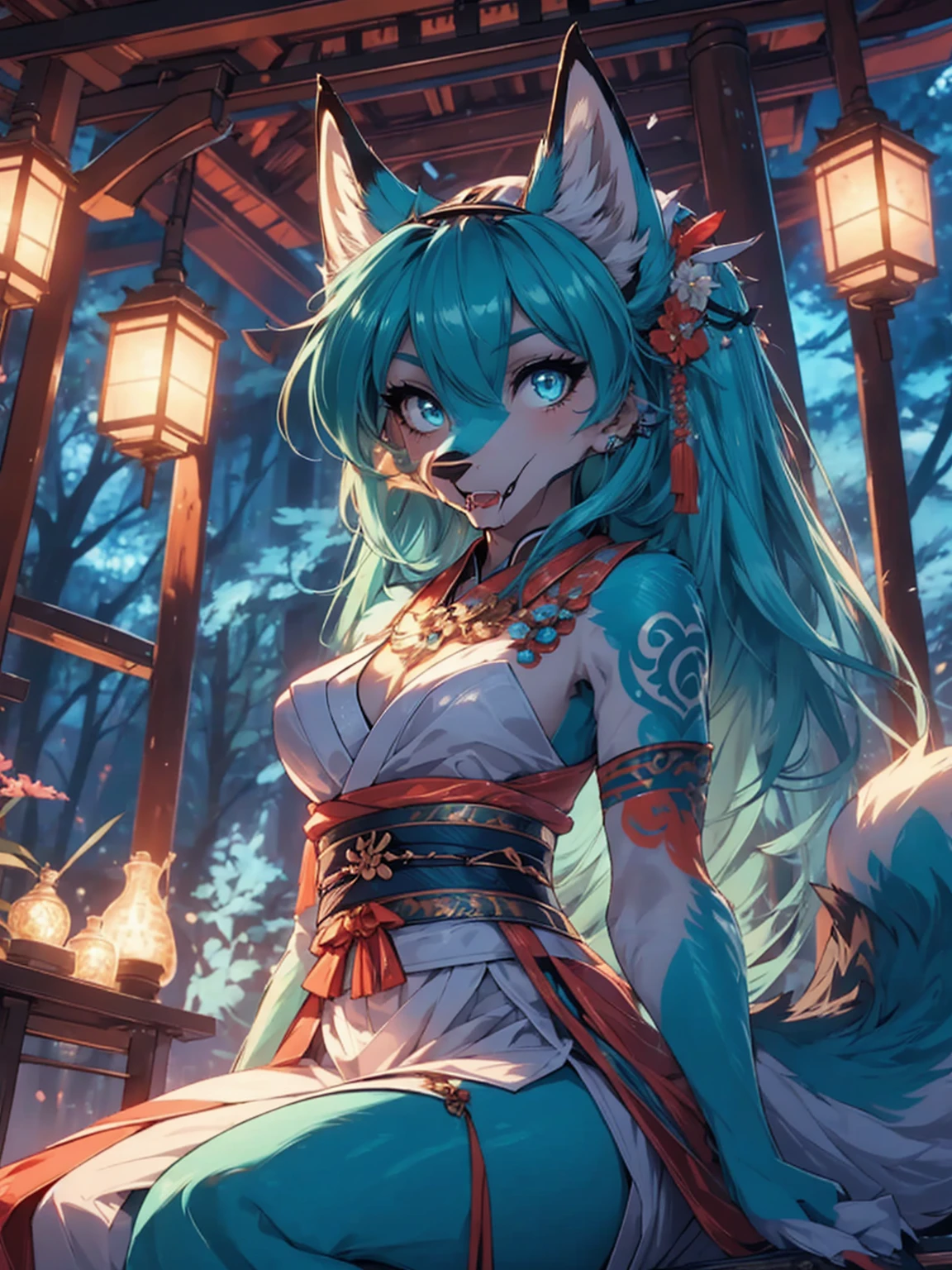 Miku Hatsune x vixen high definition good anatomy add_detail:1, blue fur,kitsune ears, tribal tattoo add_detail:1, cute girl add_detail:1, feudal priestess clothing add_detail:1, japanese shrine landscape add_detail:1, japanese shrine costume add_detail:1, add_detail:1, full body add_detail, highly detailed face, deep aqua iris add_detail:1 lighting eyes add_detail:3, wolf claws, sharp fangs add_detail:1, wild slut add_detail:1