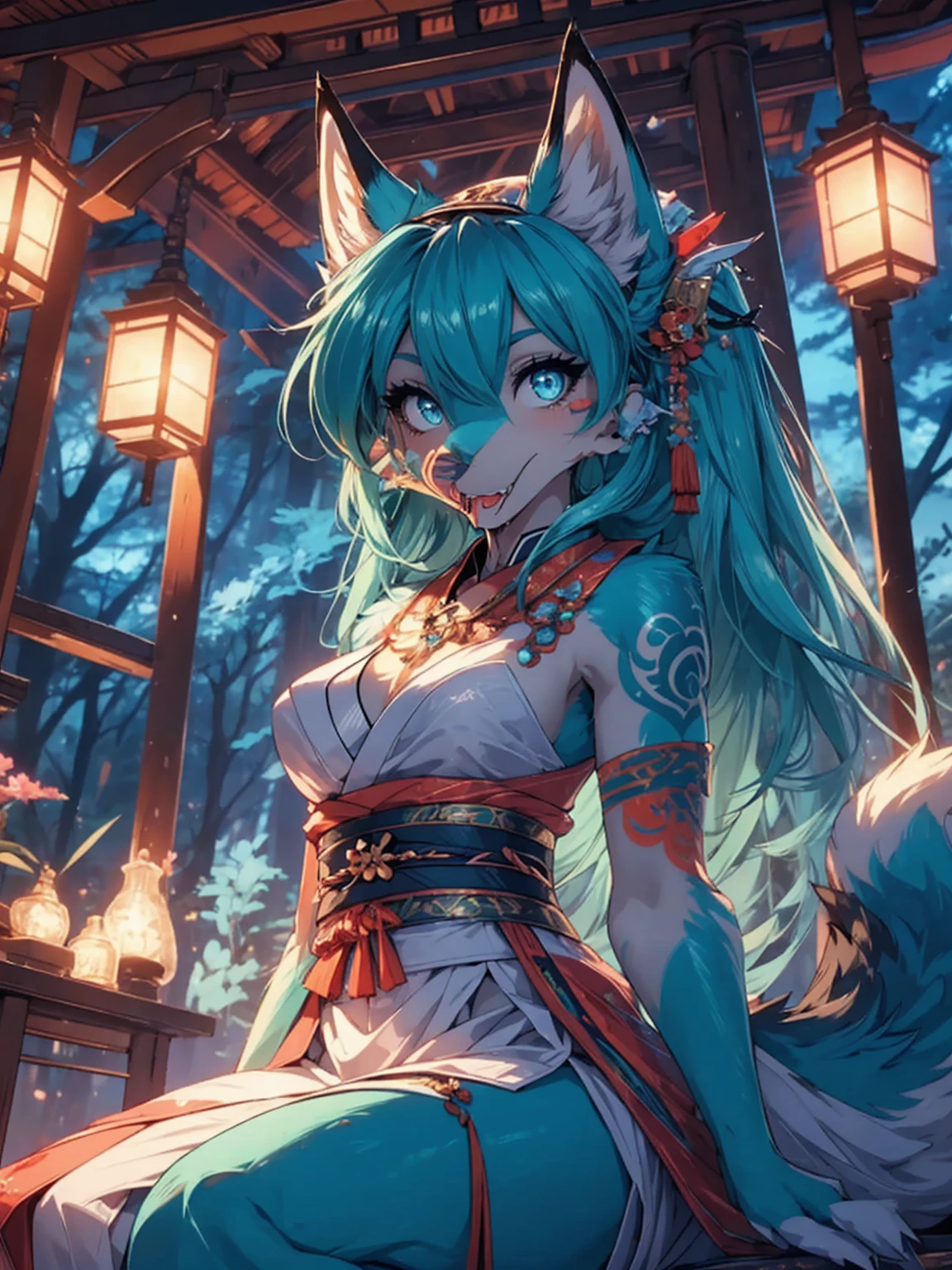 Miku Hatsune x vixen high definition good anatomy add_detail:1, blue fur,kitsune ears, tribal tattoo add_detail:1, cute girl add_detail:1, feudal priestess clothing add_detail:1, japanese shrine landscape add_detail:1, japanese shrine costume add_detail:1, add_detail:1, full body add_detail, highly detailed face, deep aqua iris add_detail:1 lighting eyes add_detail:3, wolf claws, sharp fangs add_detail:1, wild slut add_detail:1