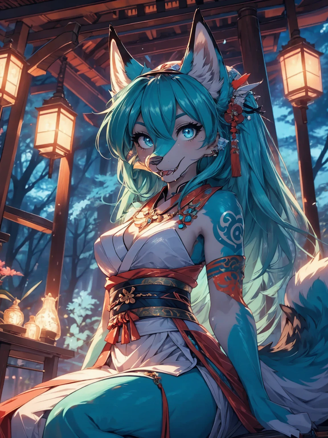 Miku Hatsune x vixen high definition good anatomy add_detail:1, blue fur,kitsune ears, tribal tattoo add_detail:1, cute girl add_detail:1, feudal priestess clothing add_detail:1, japanese shrine landscape add_detail:1, japanese shrine costume add_detail:1, add_detail:1, full body add_detail, highly detailed face, deep aqua iris add_detail:1 lighting eyes add_detail:3, wolf claws, sharp fangs add_detail:1, wild slut add_detail:1