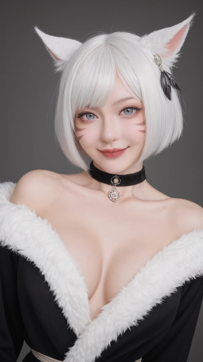 score_9, score_8_up, score_7_up, BREAK,
relaxed pose,realistic,y'shtola rhu,final fantasy xiv,snatched waist, feather hair ornament,fur trim,choker,feathers,jewelry,neck tattoo,black robe,randomboobguy,from below,light smile, 1girl,(y'shtola rhul:1.2),looking at viewer,white hair,cat ears,short hair,miqo'te,grey eyes,cat tail,realistic,high quality,