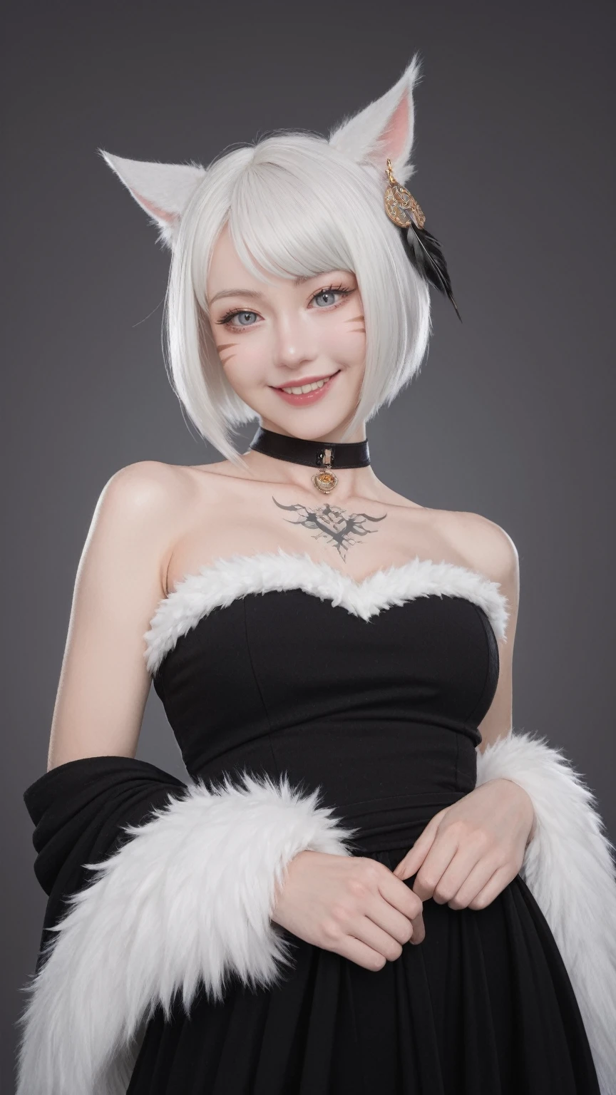 score_9, score_8_up, score_7_up, BREAK,
relaxed pose,realistic,y'shtola rhu,final fantasy xiv,snatched waist, feather hair ornament,fur trim,choker,feathers,jewelry,neck tattoo,black robe,randomboobguy,from below,light smile, 1girl,(y'shtola rhul:1.2),looking at viewer,white hair,cat ears,short hair,miqo'te,grey eyes,cat tail,realistic,high quality,