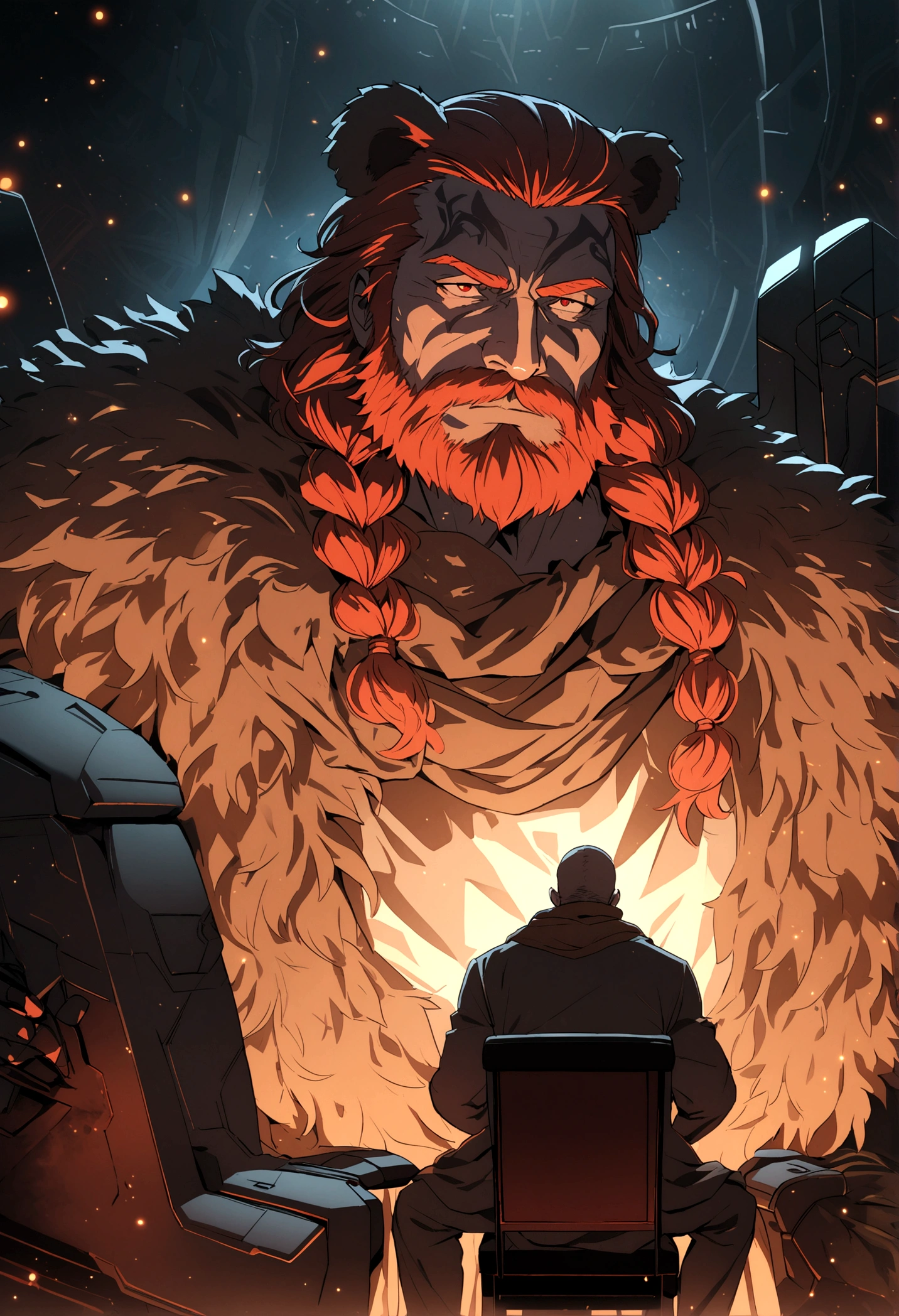 a mature viking man with red braided hair and beard,sitting in a futuristic spaceship, his chair draped in a bear's pelt, sharpening a high-tech axe,detailed face and expression,intricate details,cinematic lighting,dramatic atmosphere,epic scale,warmcolor palette,epic and atmospheric