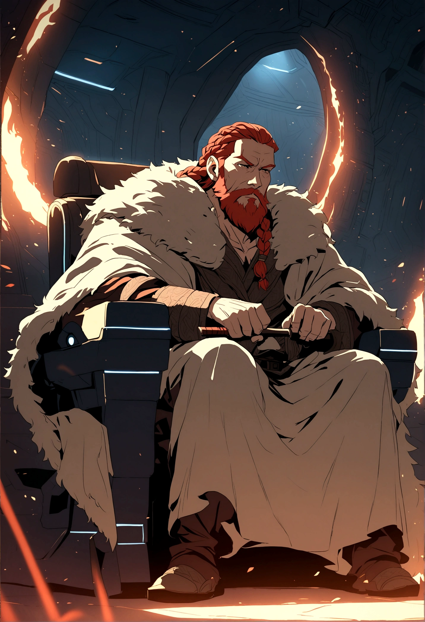 a mature viking man with red braided hair and beard,sitting in a futuristic spaceship, his chair draped in a bear's pelt, sharpening a high-tech axe,detailed face and expression,intricate details,cinematic lighting,dramatic atmosphere,epic scale,warmcolor palette,epic and atmospheric