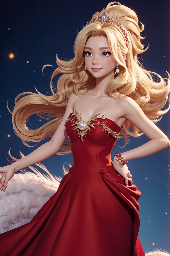 3d, disney cartoon style, pixar style, a lady with a fur coat draped over the shoulders, short wavy blonde hair, wearing a pearl and feather headpiece, wearing red dress, full body