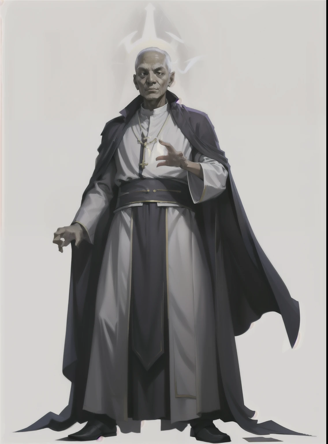 I want a character with white background, png, Full body image, priest, with priest's robe and posture, with light in his hands, black and neat hair