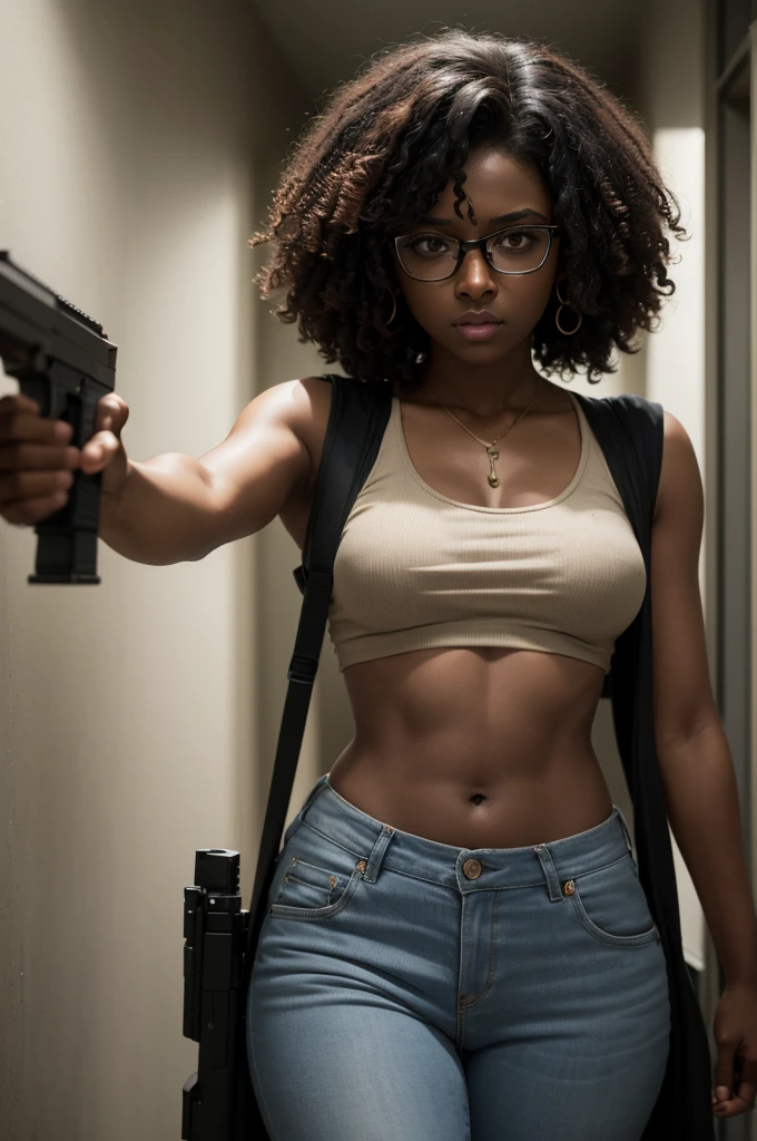 Brown black skin woman, shoulder-length curly hair, square glasses, with gun in a zombie apocalypse