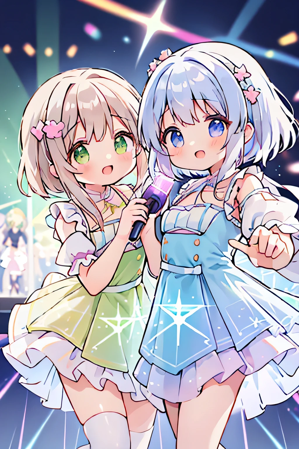 Highest quality、High resolution、Detailed Background、(Beautiful face in every detail:1.4)、Anatomically correct、(Detailed facial expressions)、 beauty、(Highly detailed face:1.4)、Brightly colored hair、well-groomed eyebrows、colorful stockings、A big smile、Idol Style、stage、(Two idol girls wearing holographic laser dresses singing:1.5)、A big smile、smile、A fun atmosphere、
Bright colors and pop colors、Ruffles and laces、Sleeves and hems of clothing、Ruffles and laces are applied to the collar etc.、Motifs such as hearts、Dresses and skirts、Femininity and cuteness、Hair accessories and ribbons、cute