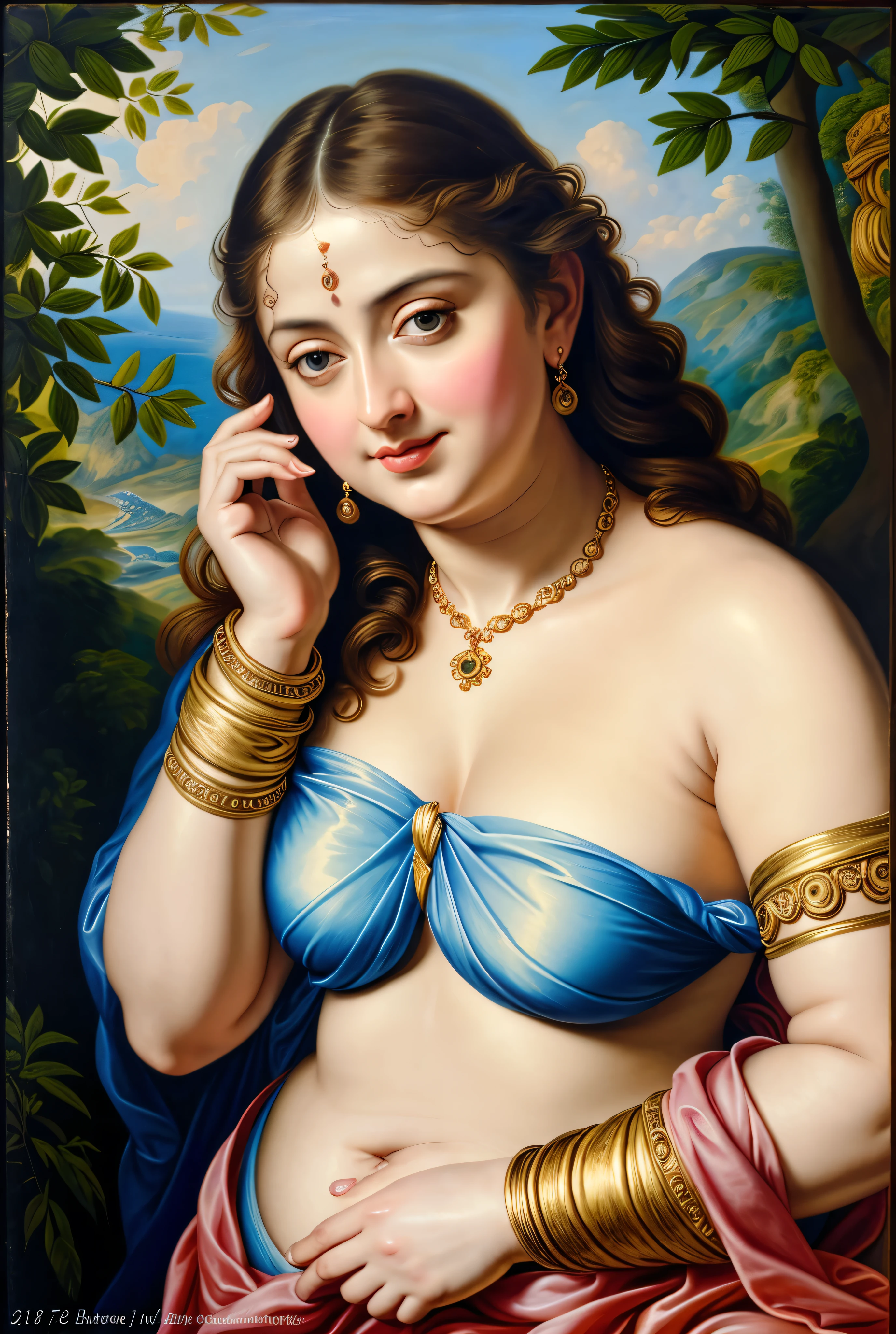 Looks like Anushka Shetty, (solo), middle aged woman, Masterpiece, Best quality, high clarity eyes, beautifully styled hair, curvy, sexy navel folds, feminine curve, motherly figure, critically flawless,sharp picture, Full portrait, High pixels, perfect face, perfect eyes, beautiful face, perfect hands,perfect fingers, in Peter Paul Rubens style, by Peter Paul Rubens, baroque style, acrylic on canvas, highly detailed, description: "Create a nymph inspired by the tales of Greek or Roman mythology, embodying the essence of a natural element or location, and possessing a unique ability or trait that sets her apart.", beautiful nature in the background, Brilliant colors, 