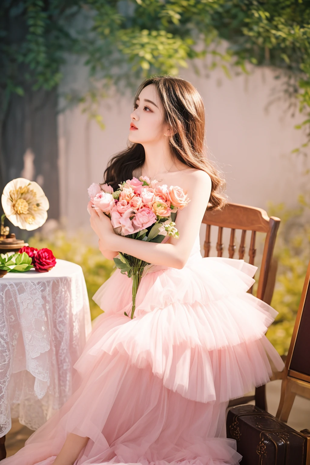there is a woman sitting on a chair holding a bouquet of flowers, wearing pink romantic tutu, dilraba dilmurat, wearing a pink romantic tutu, pink romantic tutu, fantasy photoshoot, sha xi, jia, krystal, ethereal fairytale, wearing a pink ballroom gown, photo taken with nikon d 7 5 0, photo taken with nikon d750