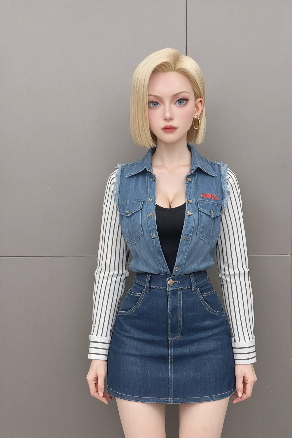 score_9, score_8_up, score_7_up, BREAK,
android 18, Blonde hair, blue eyes, eyeslashes, hoop earings, Short hair, earring
bring, black sock, Black shirt, breast pocket, cleavage, clavicle, denim, denim skirt, high waisted skirt, jewelry, Long sleeves, Pocket, shirt, shirt tucked in, Skirt, streaked, Striped sleeves, waistcoat,Correct hands,