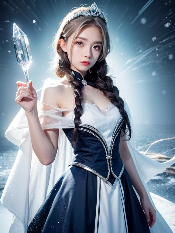 One Girl, Ice wand, White Cape, Ice crystals, winter, Frozen, Ice Castle, Transparency,  Ice tiara. Silver Hair
, Cowboy Shot