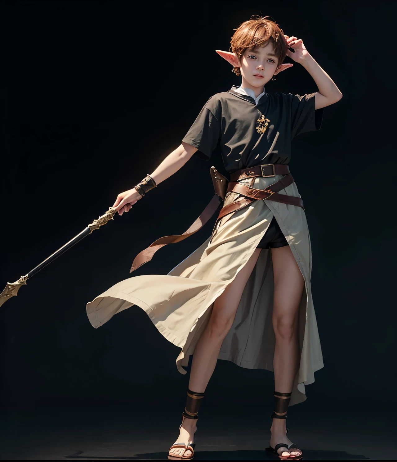 Young 13-year-old boy with pointed elf ears, auburn hair and brown eyes, innocent and happy, dressed in short black medieval tunic, sandals weilding staff; fullbody; short hair, boyish athletic, sexy, medieval background
