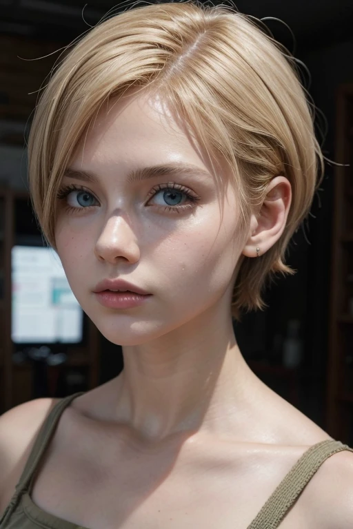 (best quality:1.5), (best image:1.5), (highly detailed), (high resolution), (2K), a close up portrait photo of soldier ella freya, she's (smiling), (((small chest))), short hair, realistic,