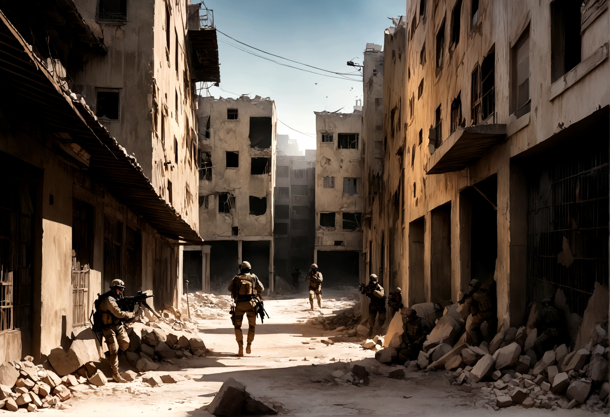 A highly detailed photo of a group of US Marines engaged in intense street fighting in the city of Fallujah, Iraq in 2004, meticulously capturing the chaos and intensity of a house-to-house battle, (best quality, 8k, hyper realistic, masterpiece:1.2), ultra-detailed, (realistic, photorealistic, photo-realistic:1.37), cinematic lighting, gritty urban environment, dynamic poses, smoke and debris, tactical gear, intense expressions, advanced weapon systems, abandoned buildings, rubble-strewn streets, high contrast, dramatic shadows, muzzle flashes, war-torn landscape